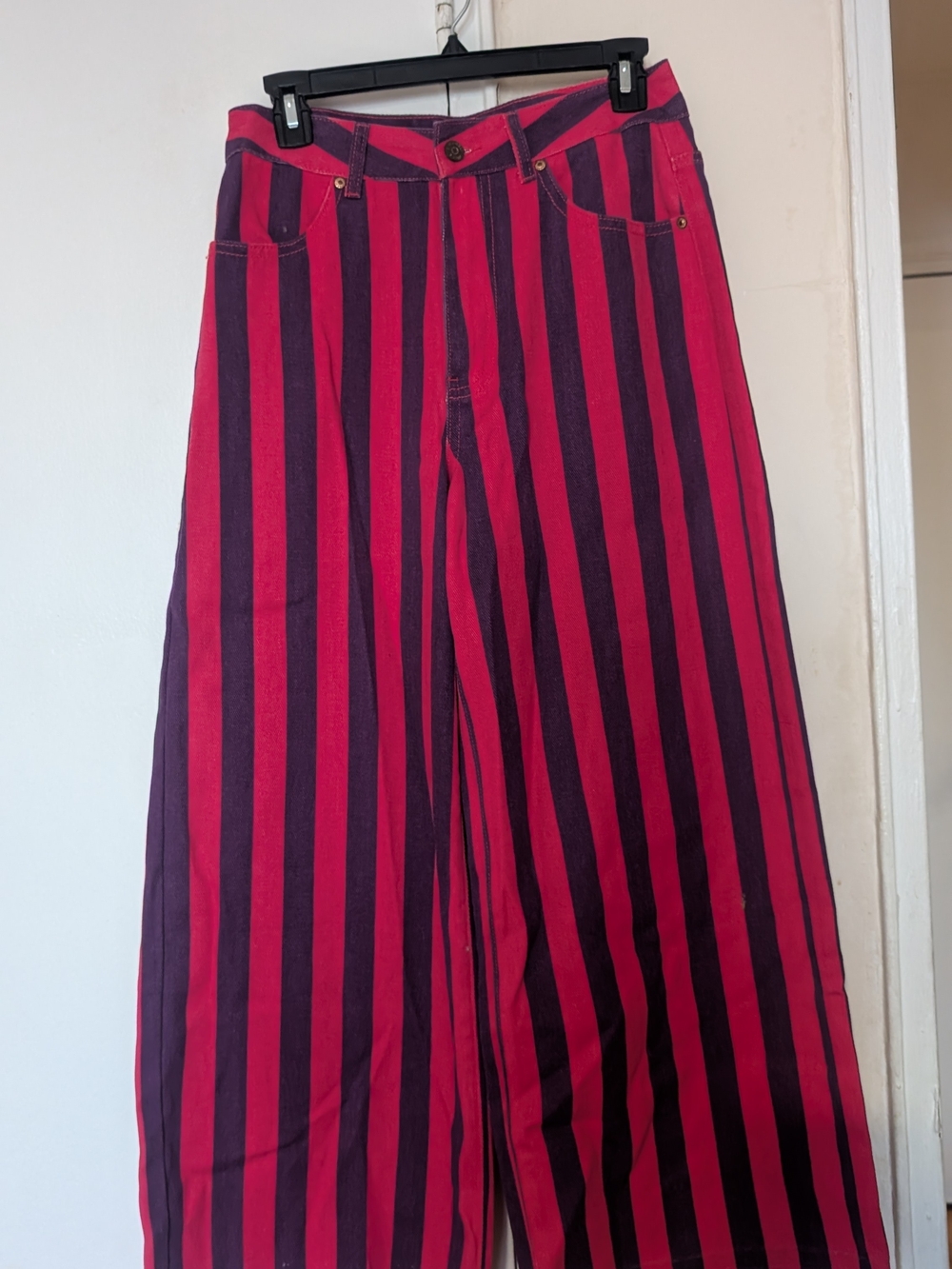Bold Red and Purple Striped High-Waist Pants - Picture 2 of 4